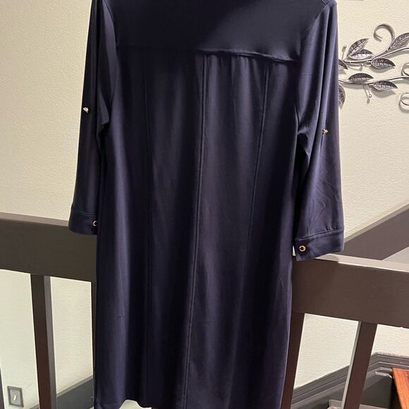 White House Black Market Navy Shirt Dress with Leopard Print Lining Size 10 #058 - Picture 7 of 8